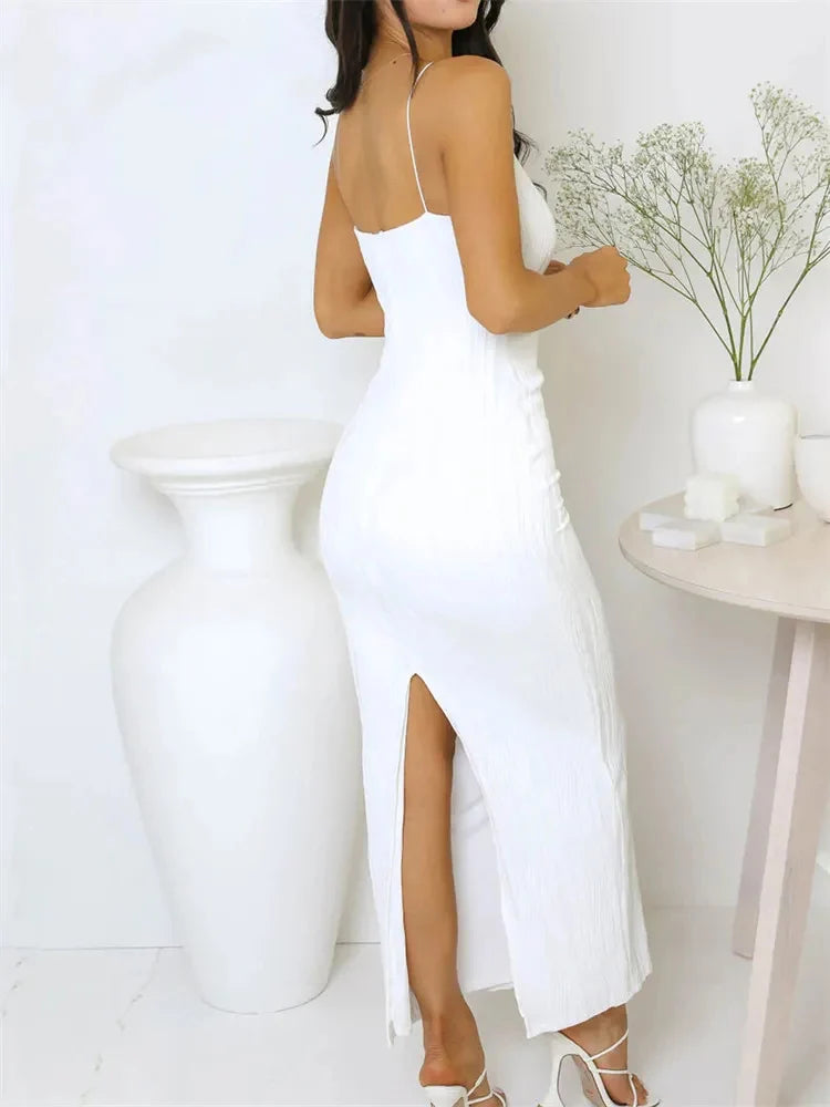 Sexy Women Long Dress Ruched Sleeveless Slim Solid Summer Party Back Split Dress Clubwear Female Vestido Outfits - Grace Beauty H&C