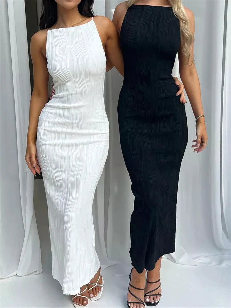 Sexy Women Long Dress Ruched Sleeveless Slim Solid Summer Party Back Split Dress Clubwear Female Vestido Outfits - Grace Beauty H&C