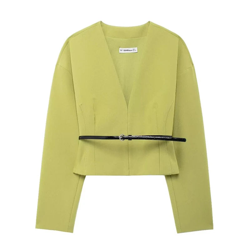 Willshela Women Fashion With Belt Green Cropped Blouse Vintage V-Neck Long Sleeves Female Chic Lady Shirts - Grace Beauty H&C