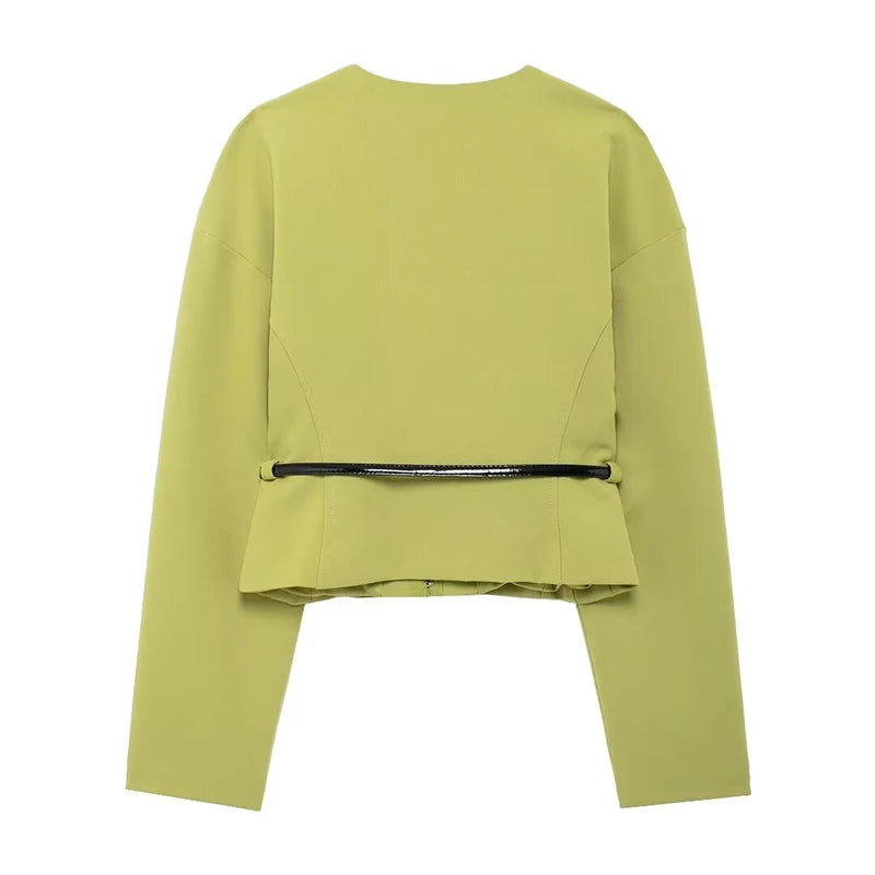 Willshela Women Fashion With Belt Green Cropped Blouse Vintage V-Neck Long Sleeves Female Chic Lady Shirts - Grace Beauty H&C