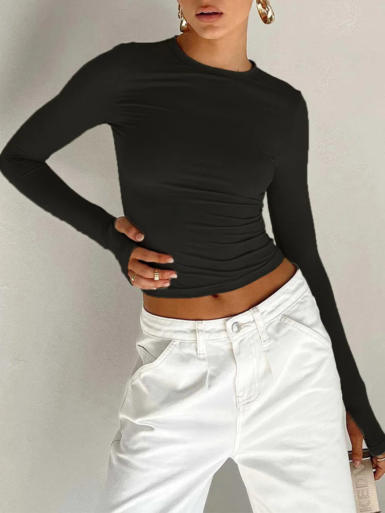 Fashion Women T-shirt Long Sleeve Crew Neck Solid Slim Fit Ladies Crop Top with Thumb Holes for Daily Streetwear Summer Camis - Grace Beauty H&C