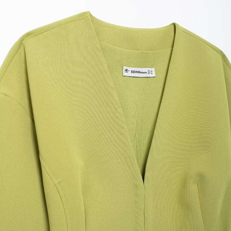 Willshela Women Fashion With Belt Green Cropped Blouse Vintage V-Neck Long Sleeves Female Chic Lady Shirts - Grace Beauty H&C