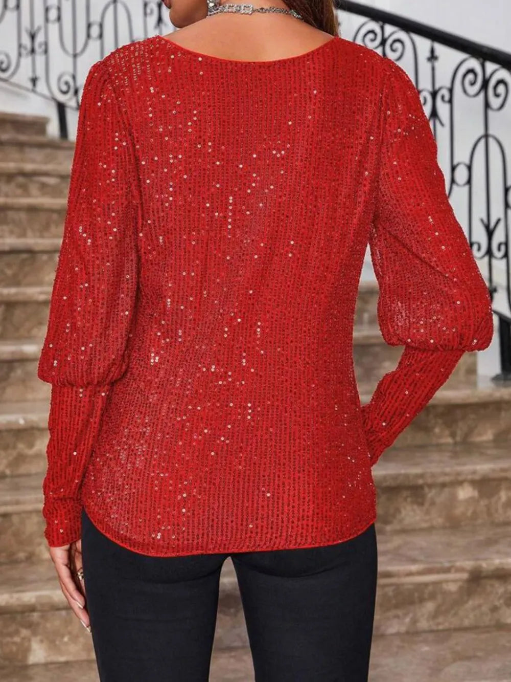 Sequin Boat Neck Long Sleeve Top - Grace Beauty H&C