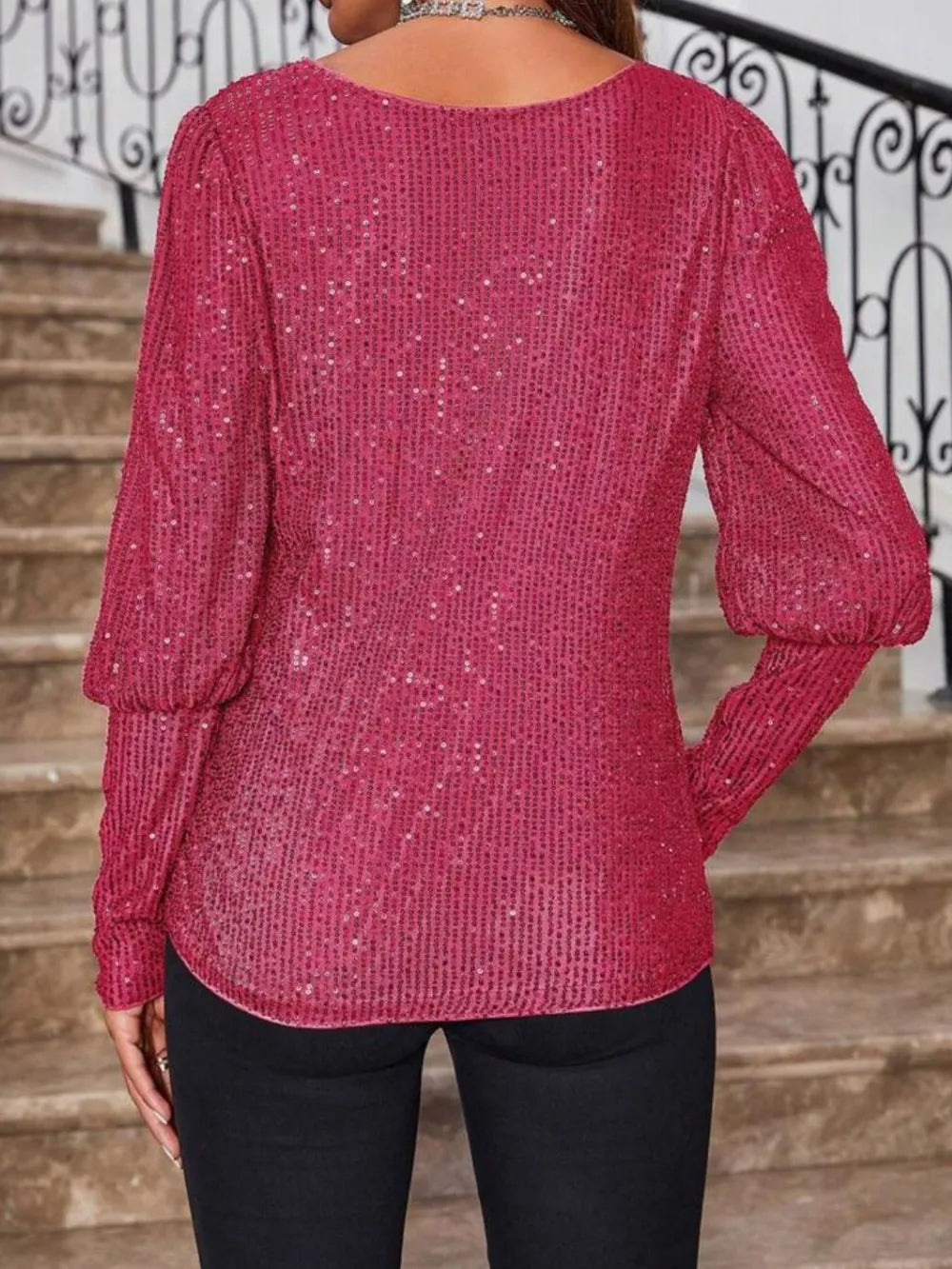 Sequin Boat Neck Long Sleeve Top - Grace Beauty H&C