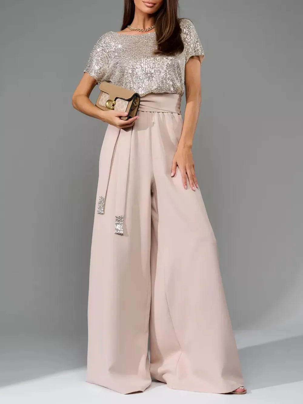 Sequin Round Neck Wide Leg Jumpsuit - Grace Beauty H&C