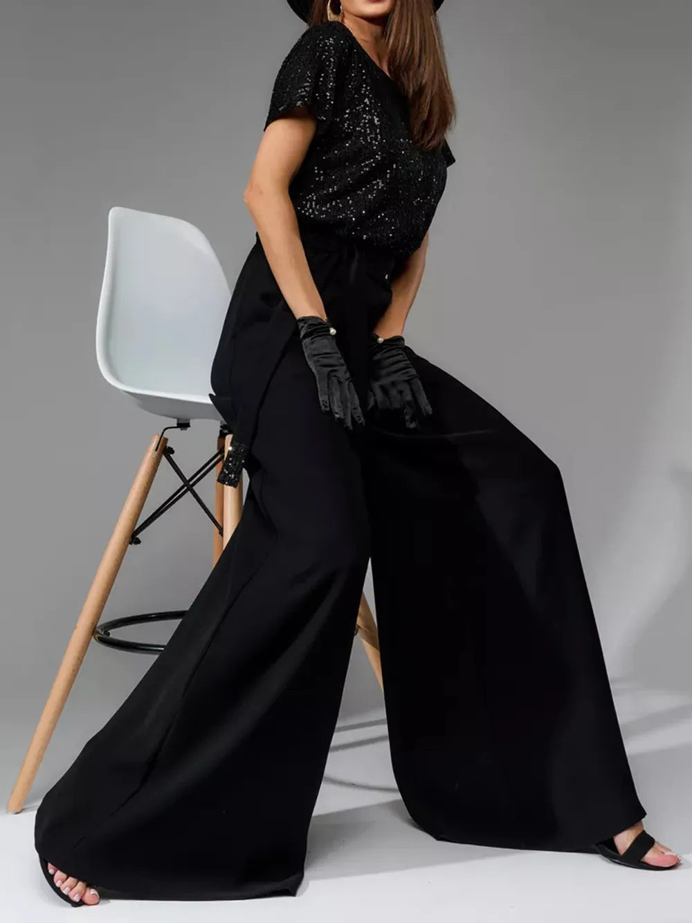 Sequin Round Neck Wide Leg Jumpsuit - Grace Beauty H&C