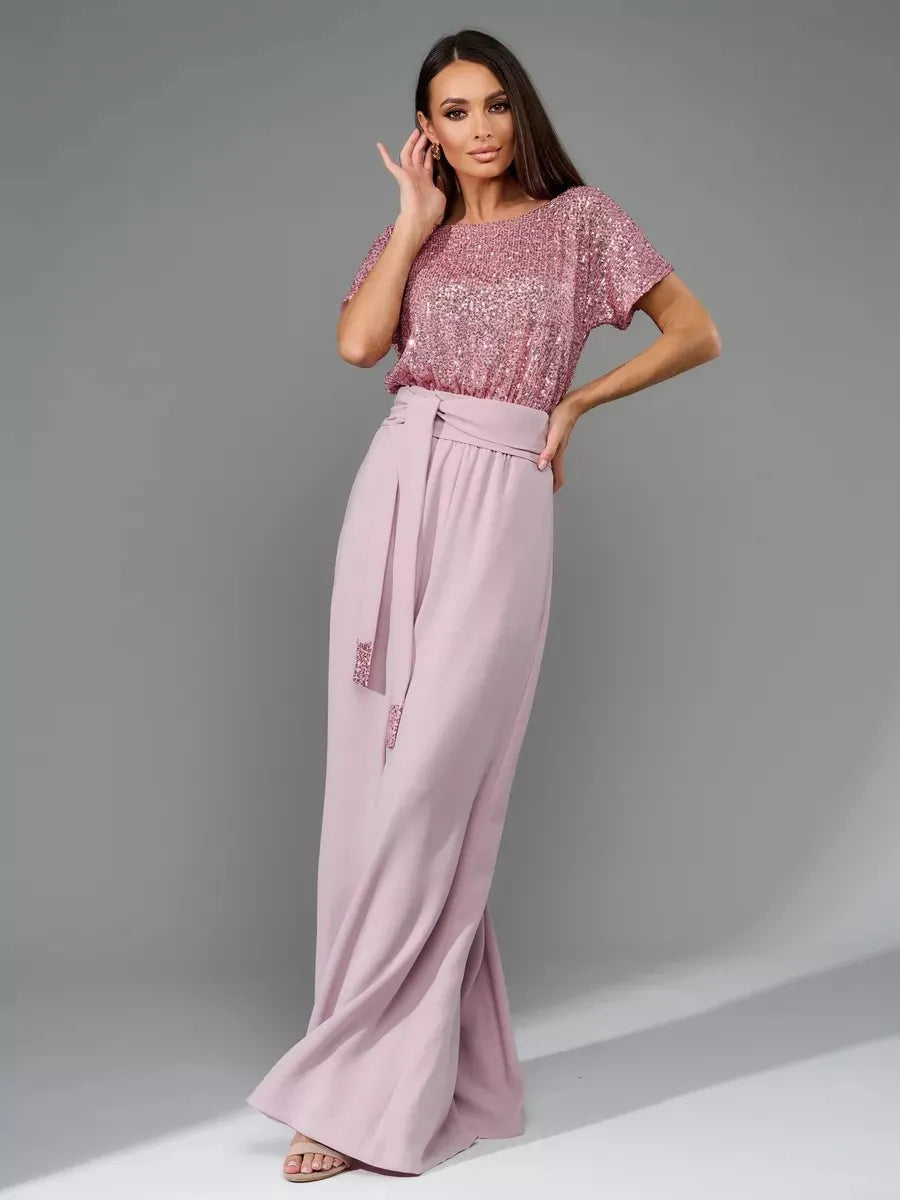 Sequin Round Neck Wide Leg Jumpsuit - Grace Beauty H&C