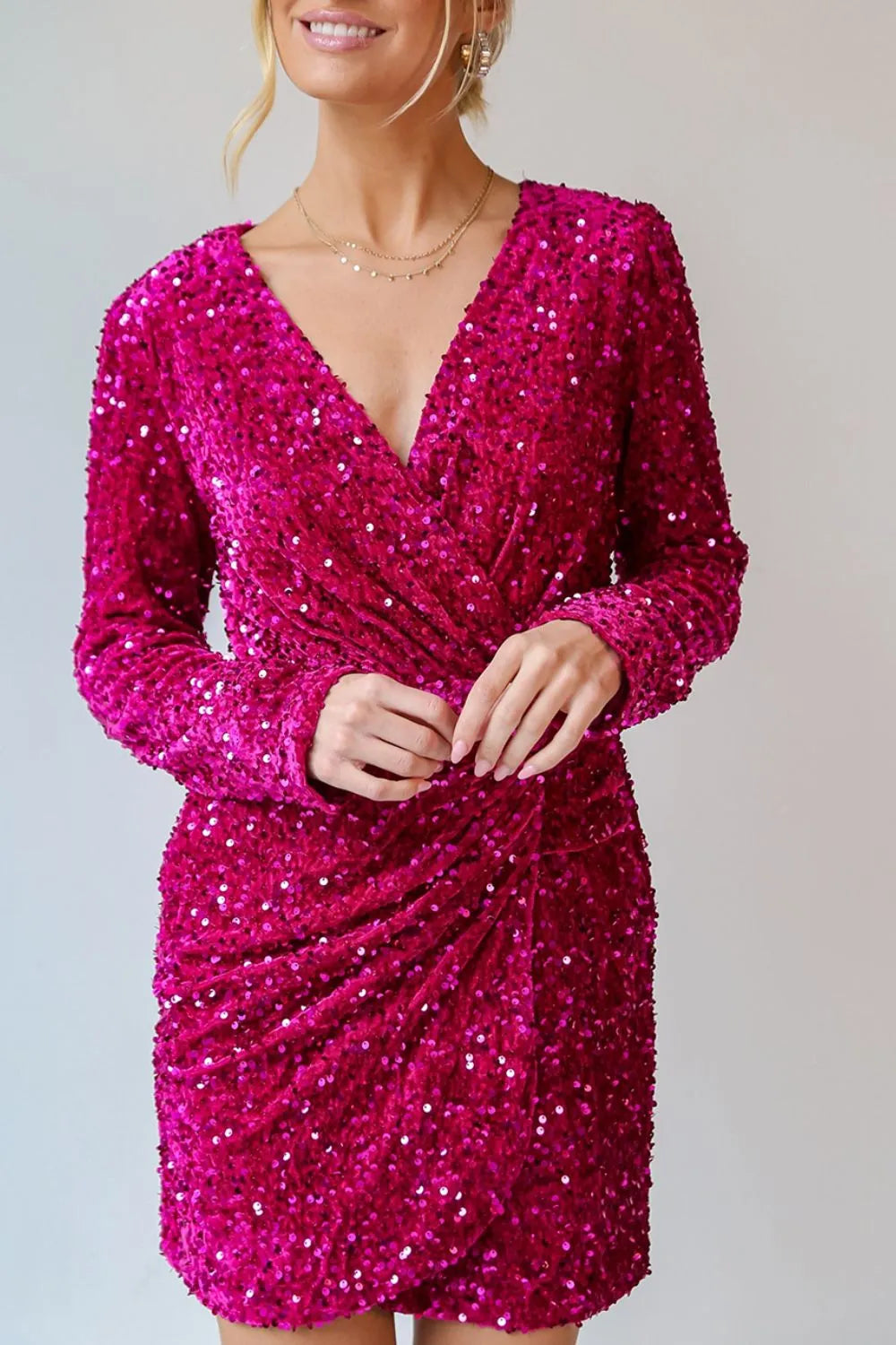Sequin Surplice Long Sleeve Mini Dress - Grace Beauty H&C