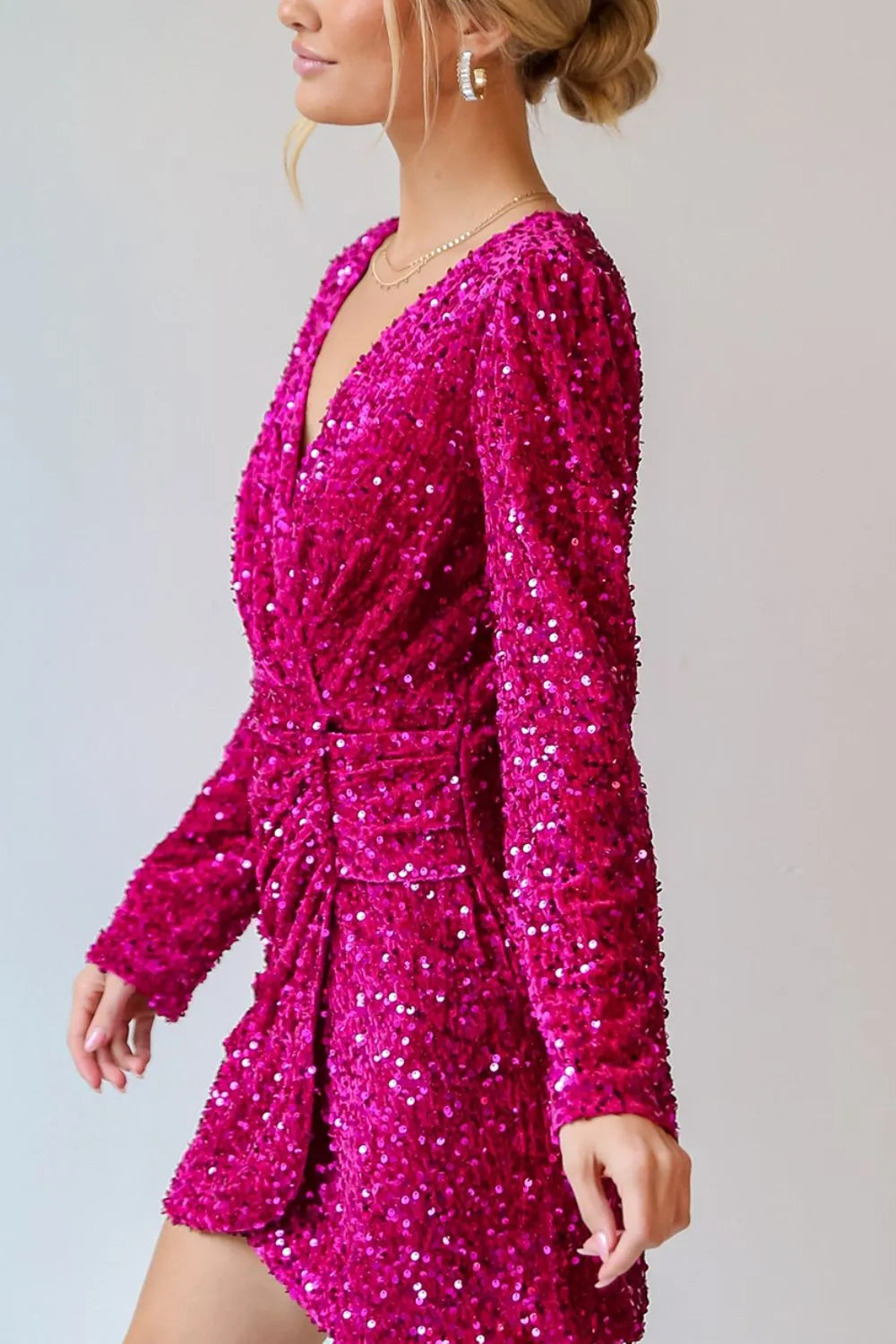 Sequin Surplice Long Sleeve Mini Dress - Grace Beauty H&C
