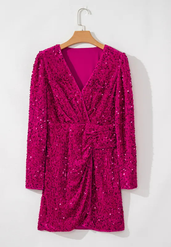 Sequin Surplice Long Sleeve Mini Dress - Grace Beauty H&C