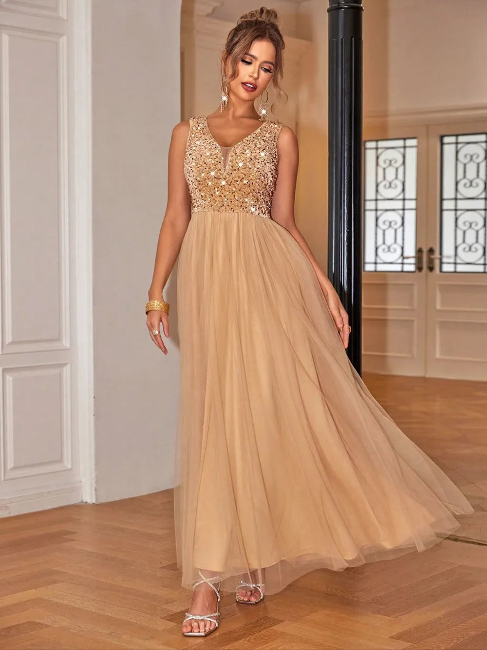 Sequin V-Neck Sleeveless Dress - Grace Beauty H&C