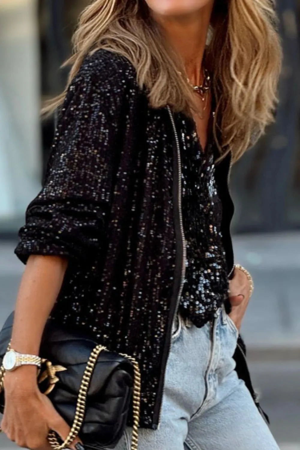 Sequin Zip Up Long Sleeve Jacket - Grace Beauty H&C