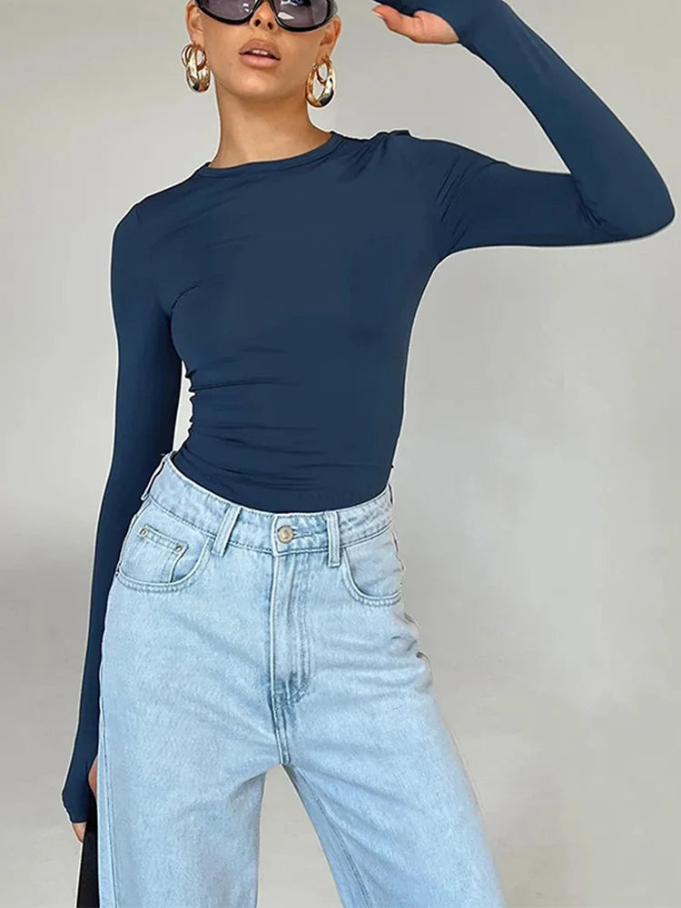 Fashion Women T-shirt Long Sleeve Crew Neck Solid Slim Fit Ladies Crop Top with Thumb Holes for Daily Streetwear Summer Camis - Grace Beauty H&C