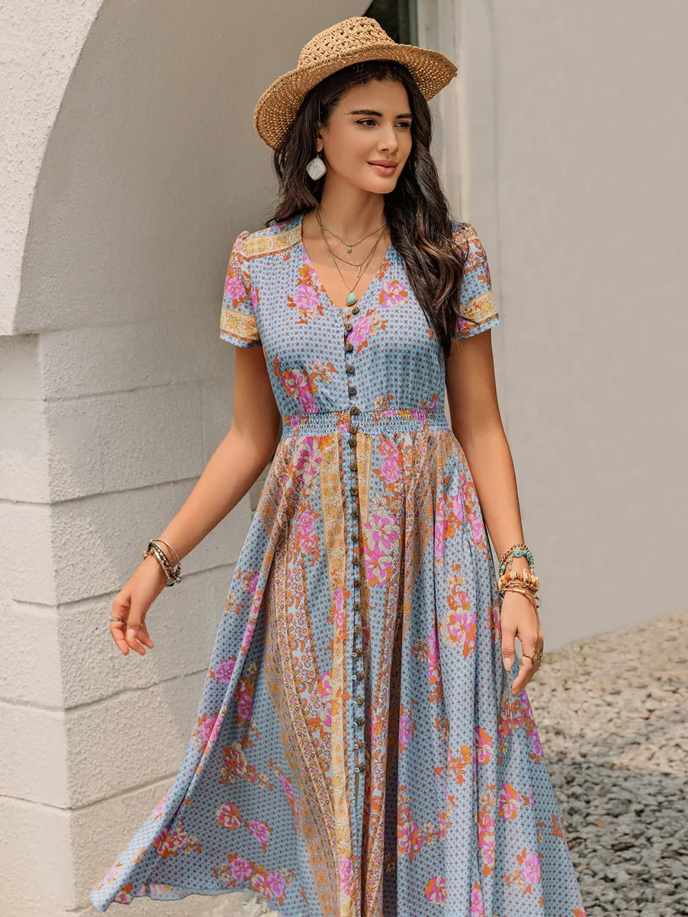 Smocked Floral V-Neck Midi Dress - Grace Beauty H&C