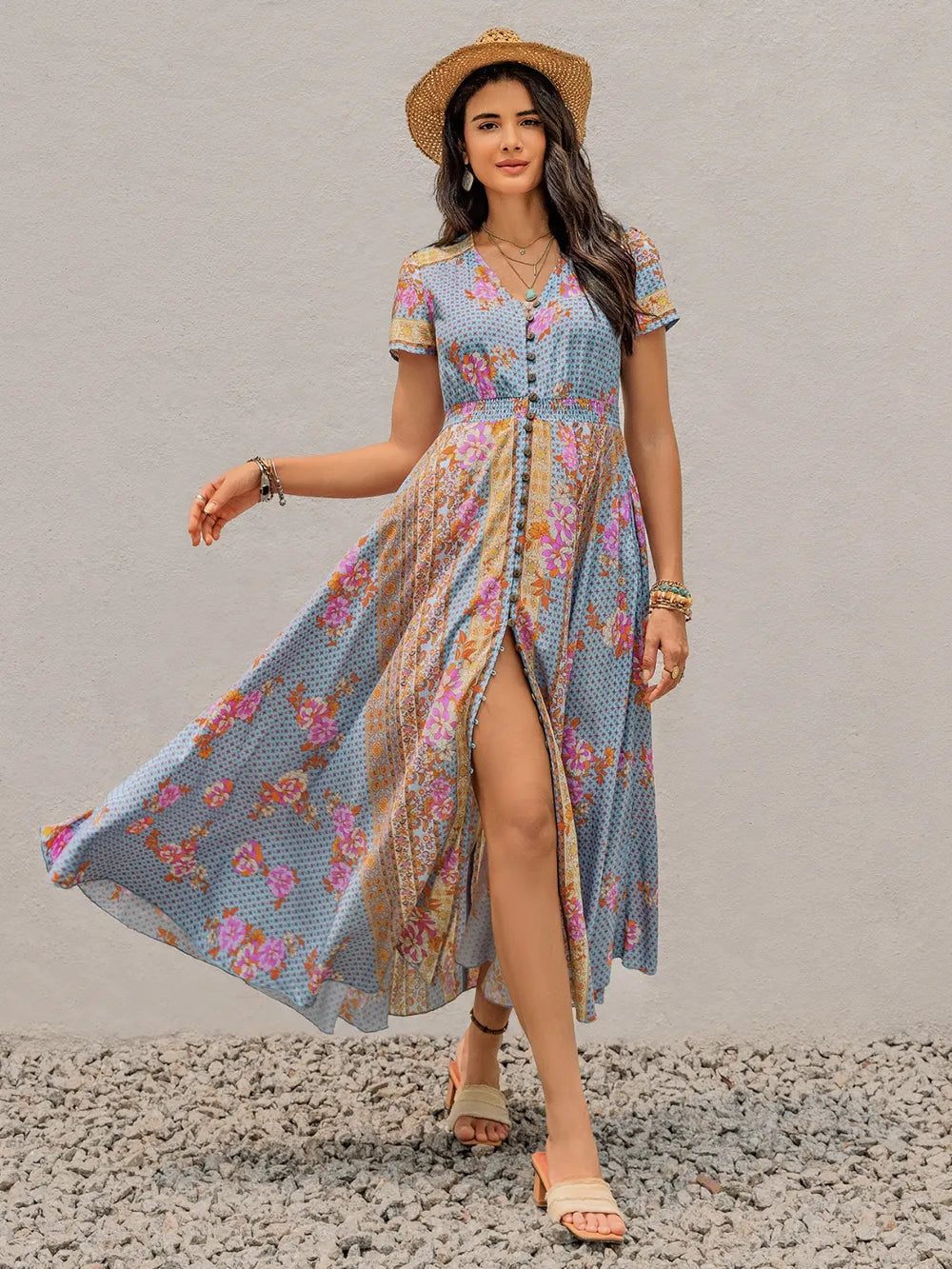 Smocked Floral V-Neck Midi Dress - Grace Beauty H&C