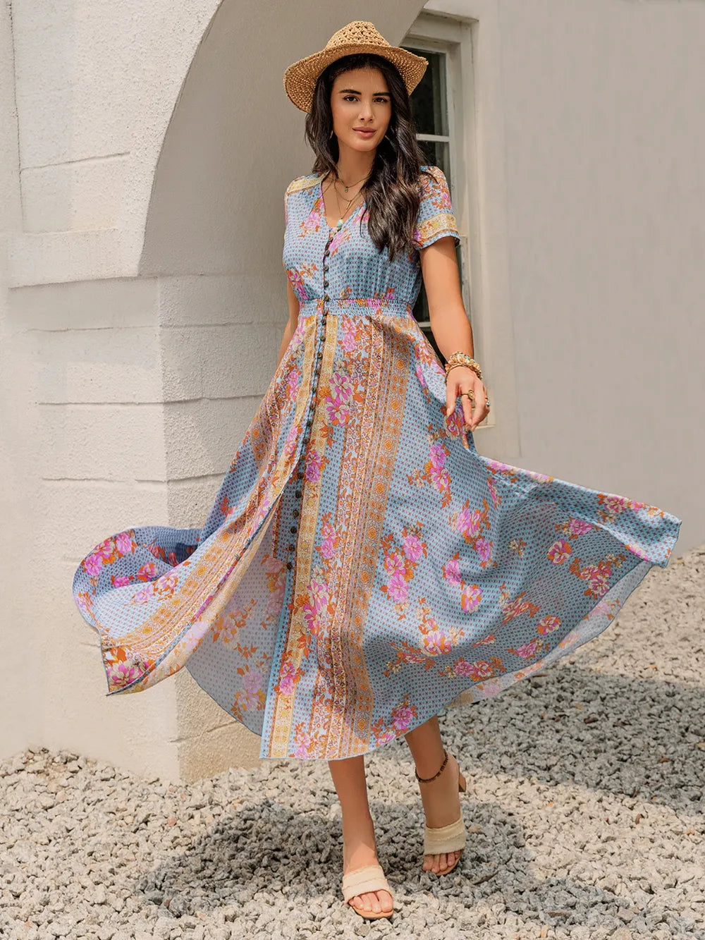 Smocked Floral V-Neck Midi Dress - Grace Beauty H&C