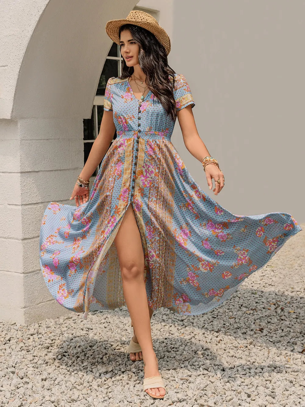 Smocked Floral V-Neck Midi Dress - Grace Beauty H&C