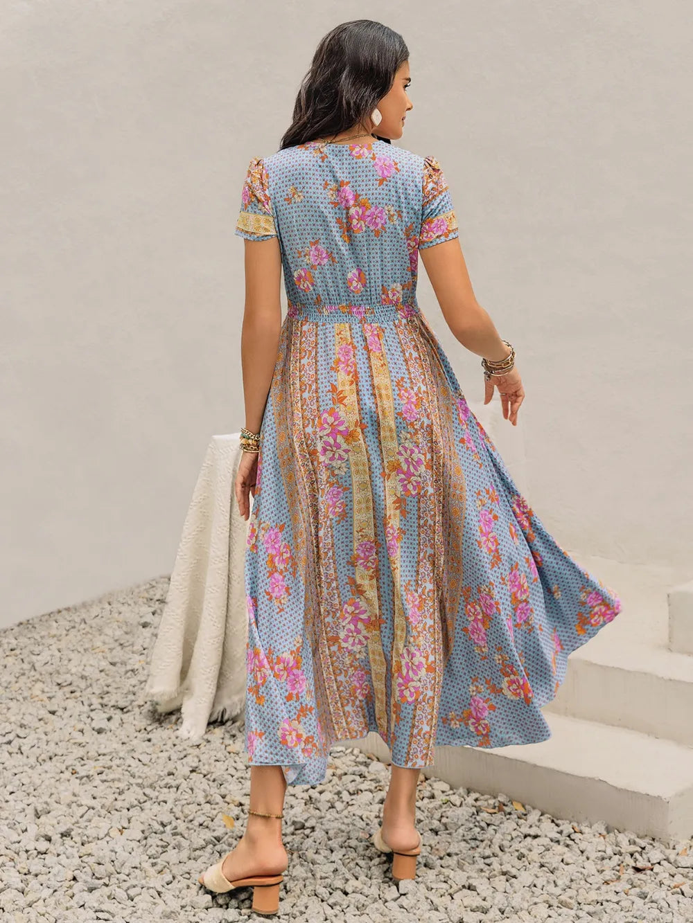 Smocked Floral V-Neck Midi Dress - Grace Beauty H&C