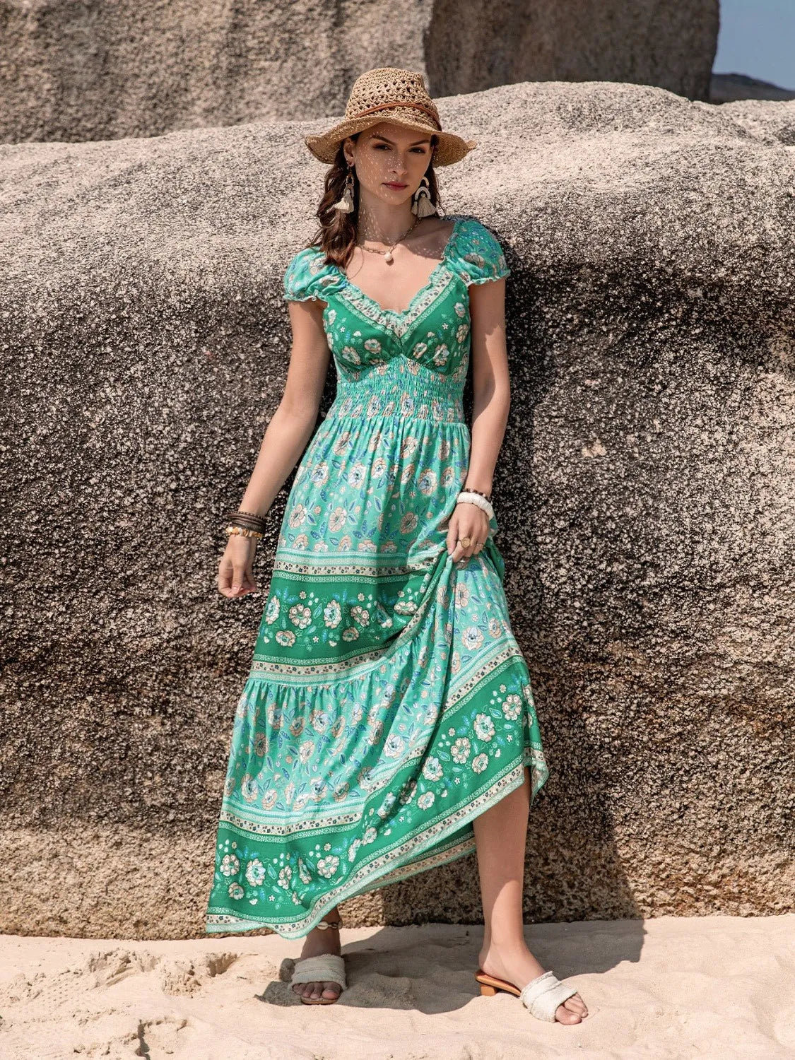 Smocked Printed V-Neck Dress - Grace Beauty H&C