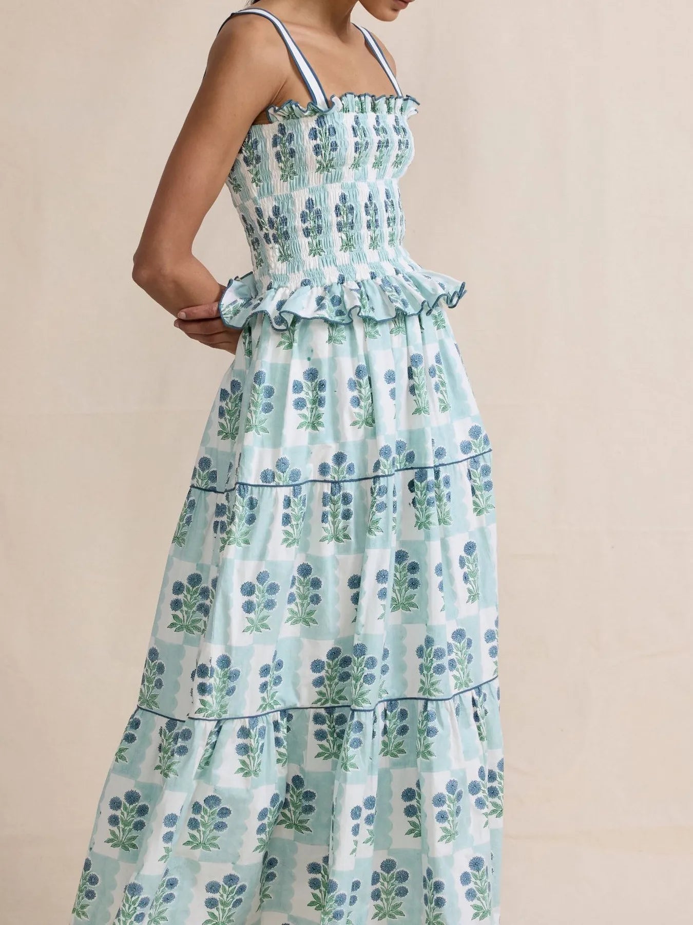 Smocked Ruffled Square Neck Maxi Dress - Grace Beauty H&C