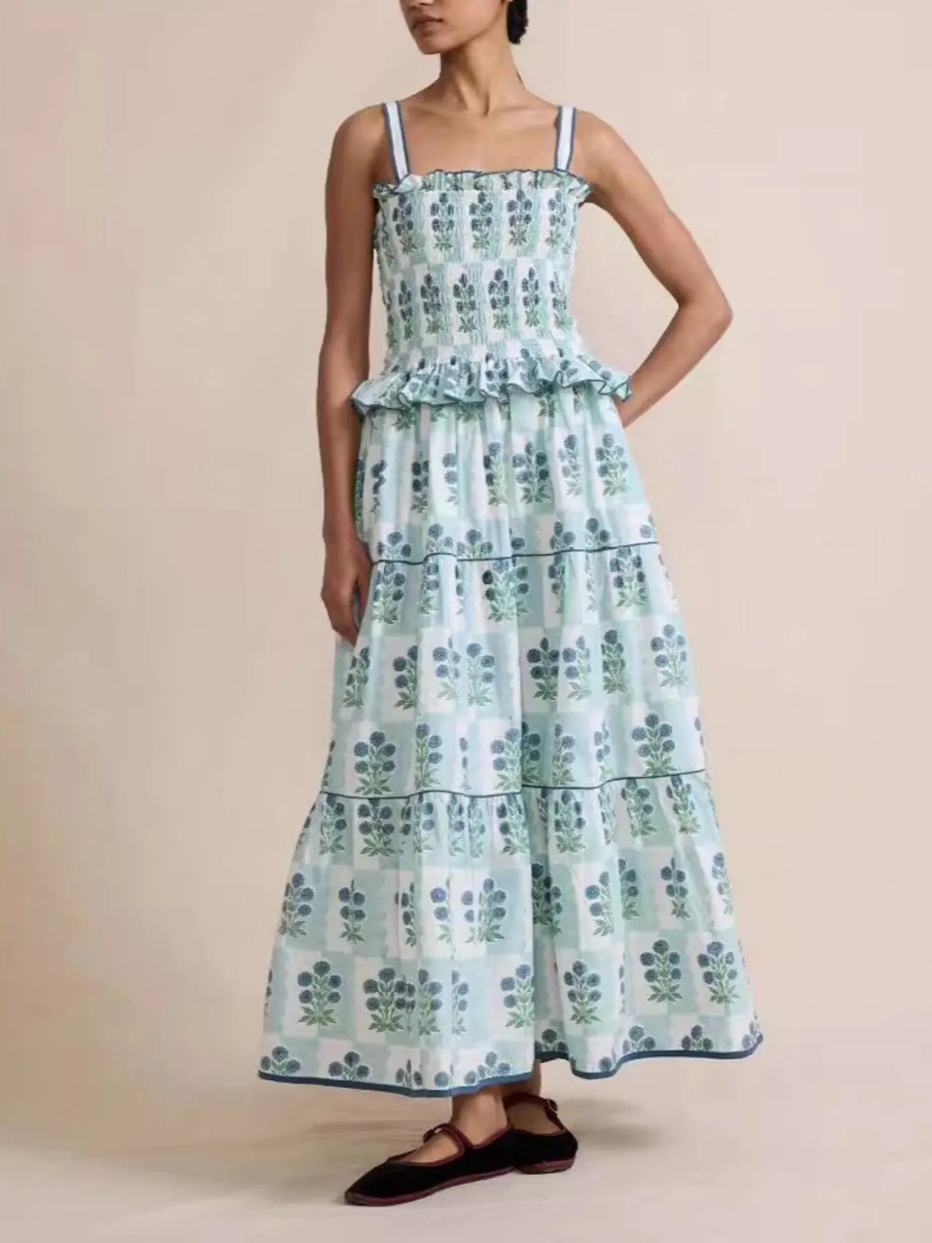Smocked Ruffled Square Neck Maxi Dress - Grace Beauty H&C