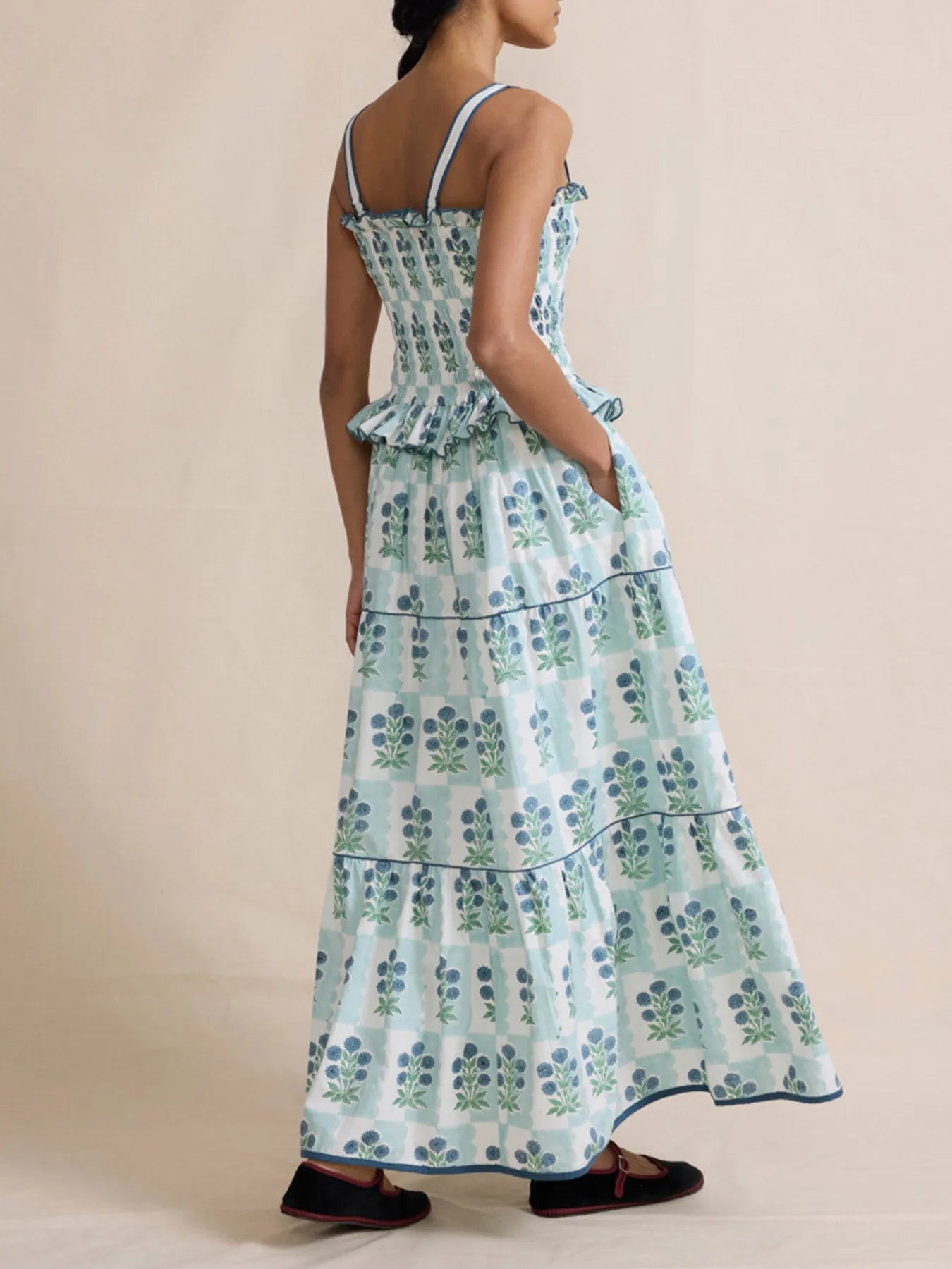 Smocked Ruffled Square Neck Maxi Dress - Grace Beauty H&C