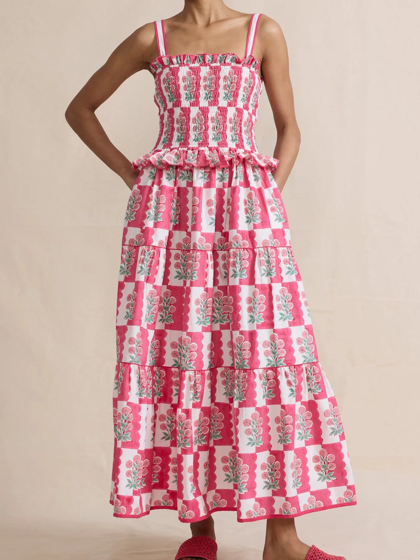 Smocked Ruffled Square Neck Maxi Dress - Grace Beauty H&C