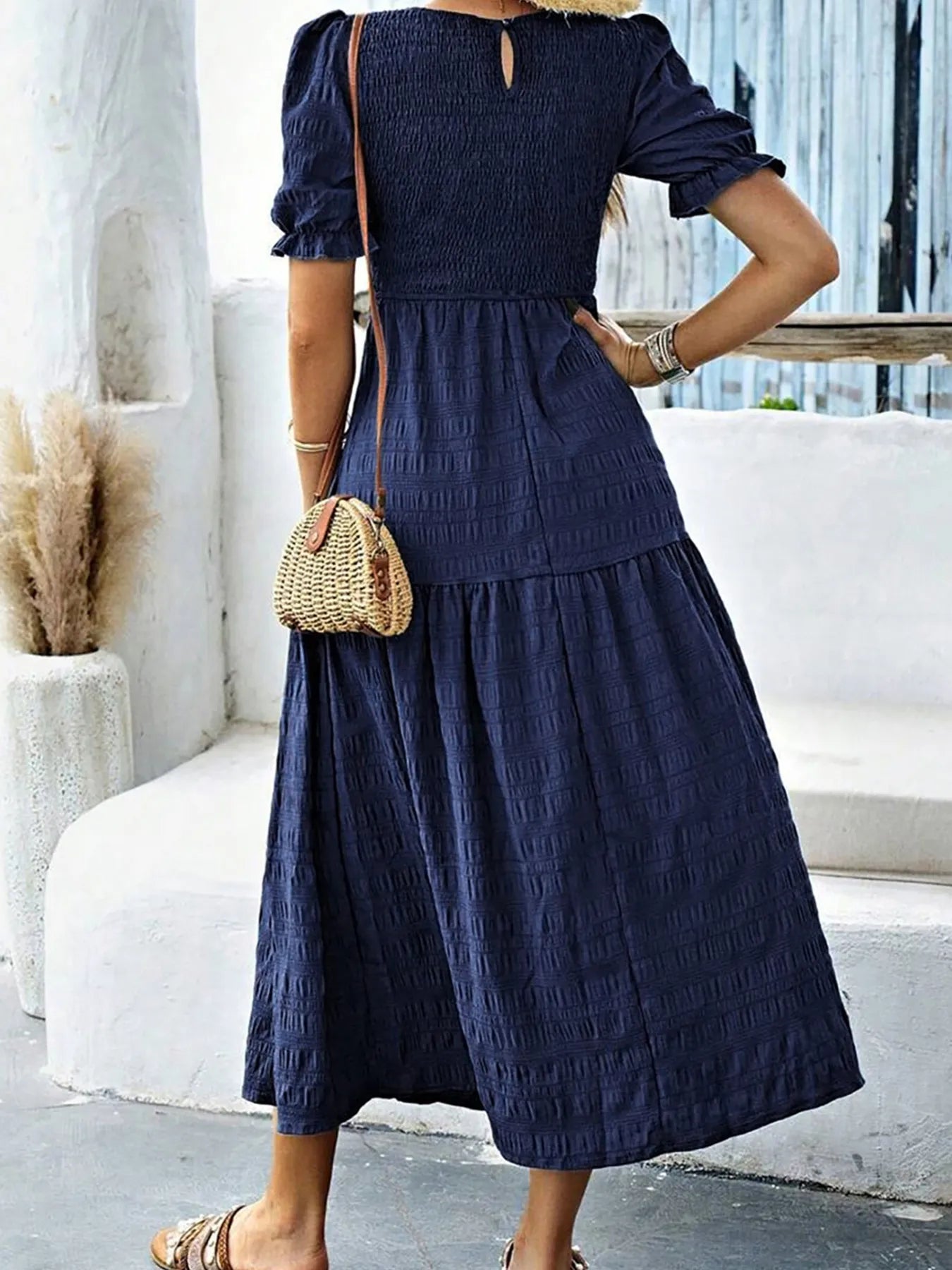 Smocked Short Sleeve Midi Dress - Grace Beauty H&C
