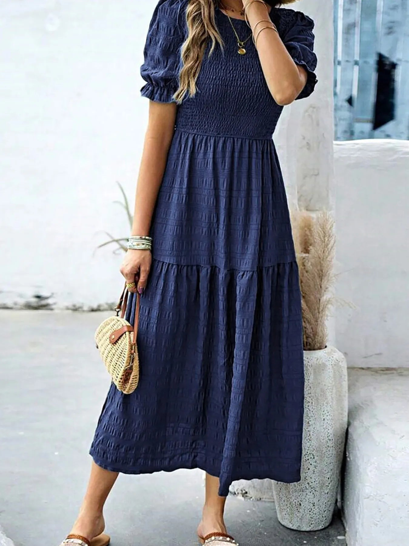 Smocked Short Sleeve Midi Dress - Grace Beauty H&C