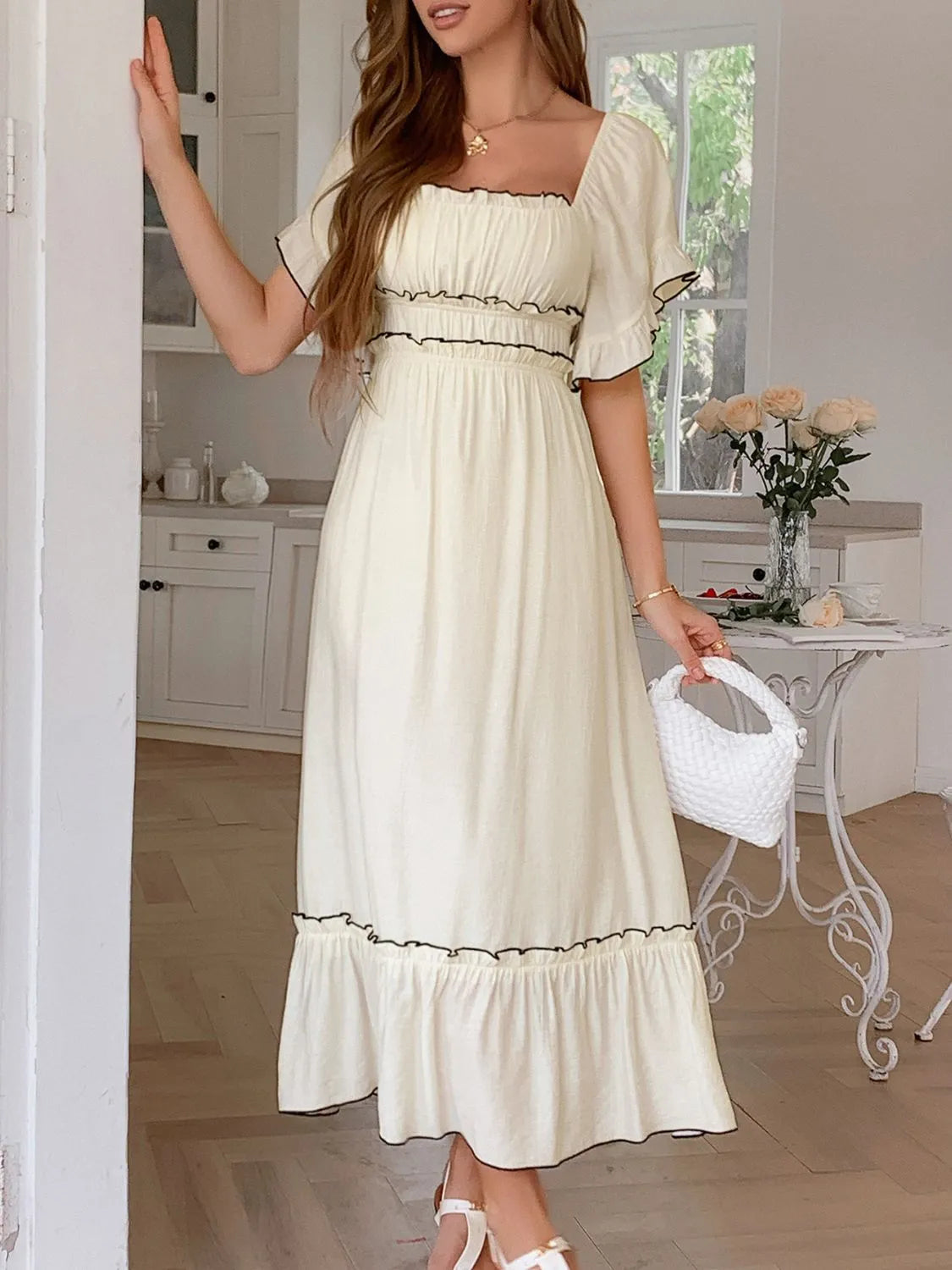 Square Neck Puff Sleeve Ruffle Trim Maxi Dress - Grace Beauty H&C