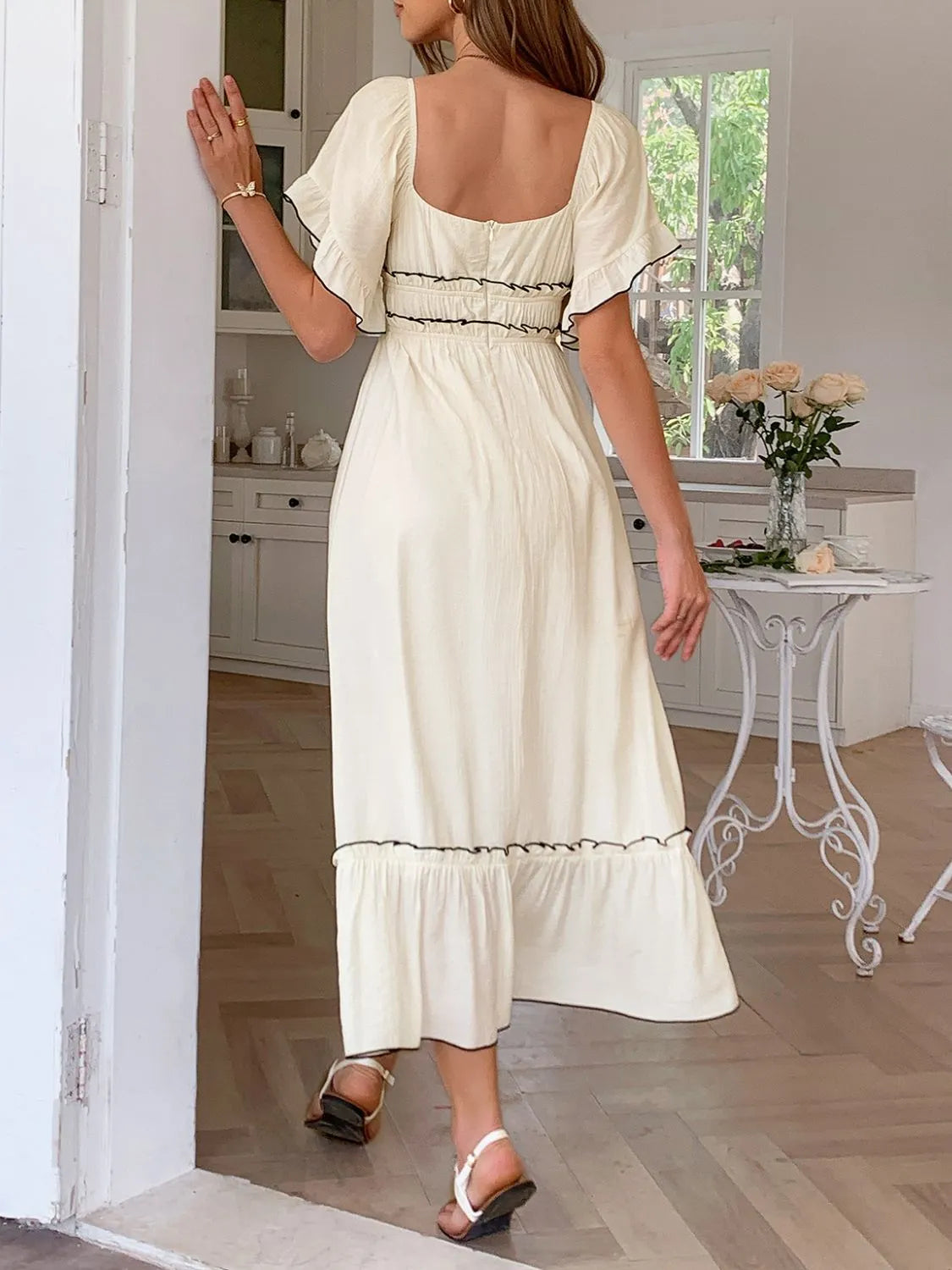 Square Neck Puff Sleeve Ruffle Trim Maxi Dress - Grace Beauty H&C