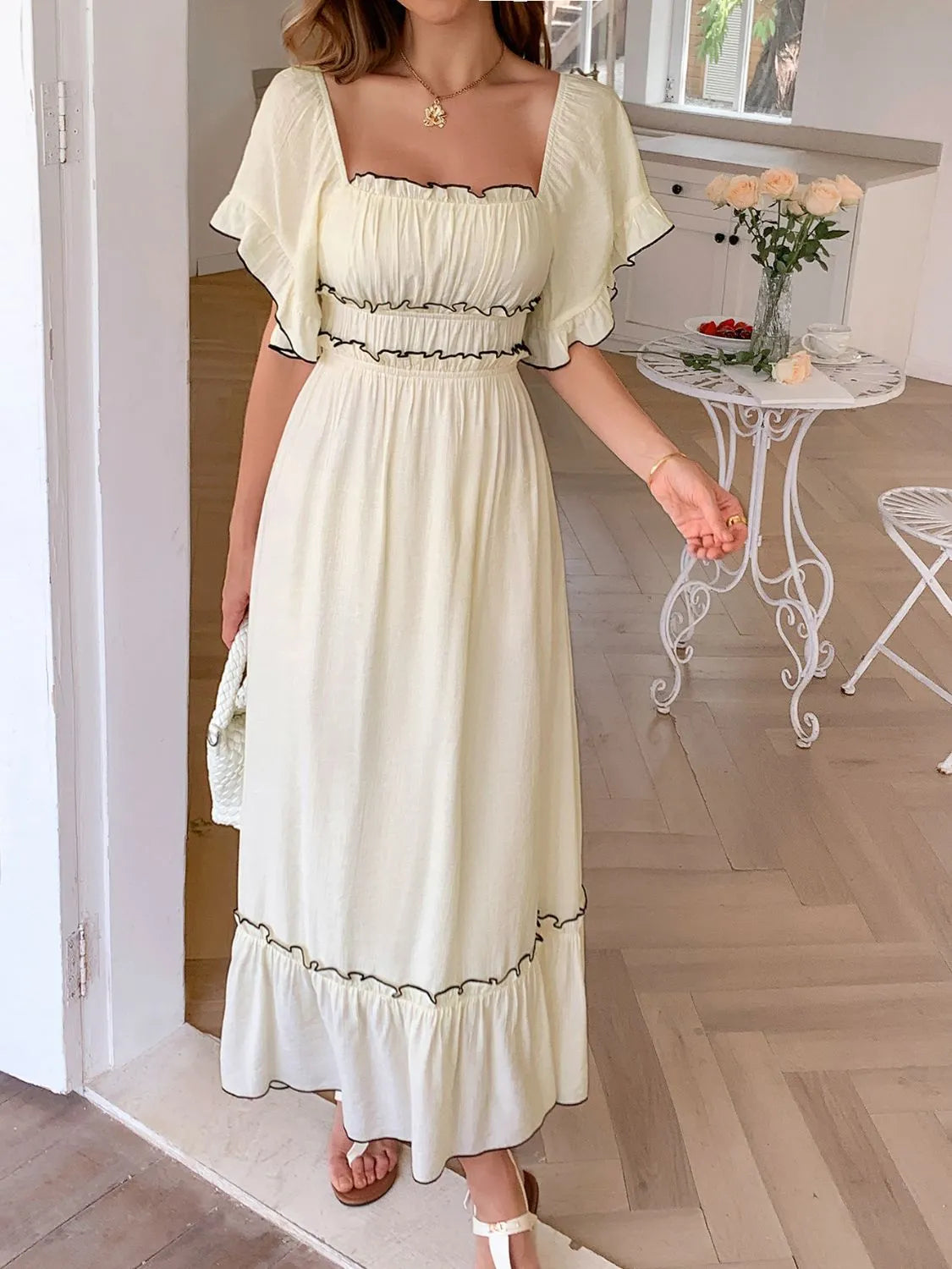 Square Neck Puff Sleeve Ruffle Trim Maxi Dress - Grace Beauty H&C