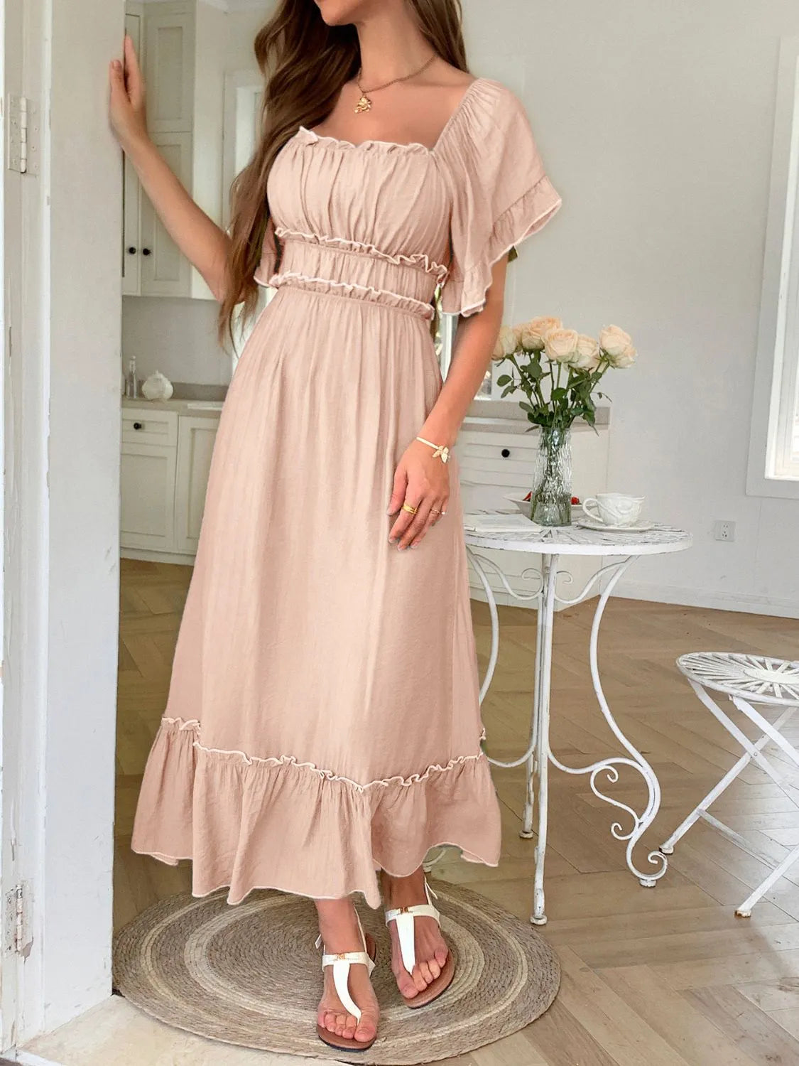 Square Neck Puff Sleeve Ruffle Trim Maxi Dress - Grace Beauty H&C