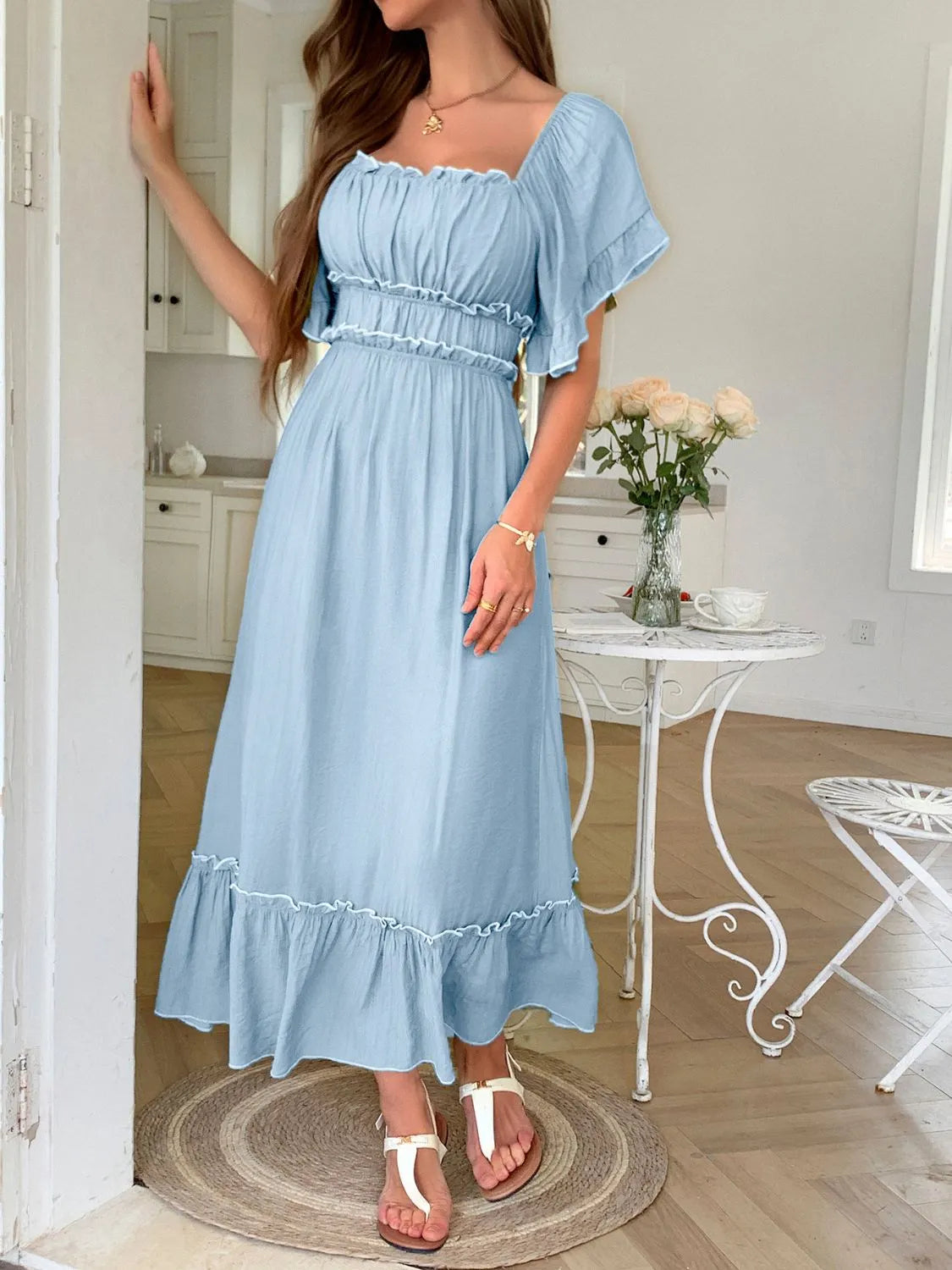 Square Neck Puff Sleeve Ruffle Trim Maxi Dress - Grace Beauty H&C