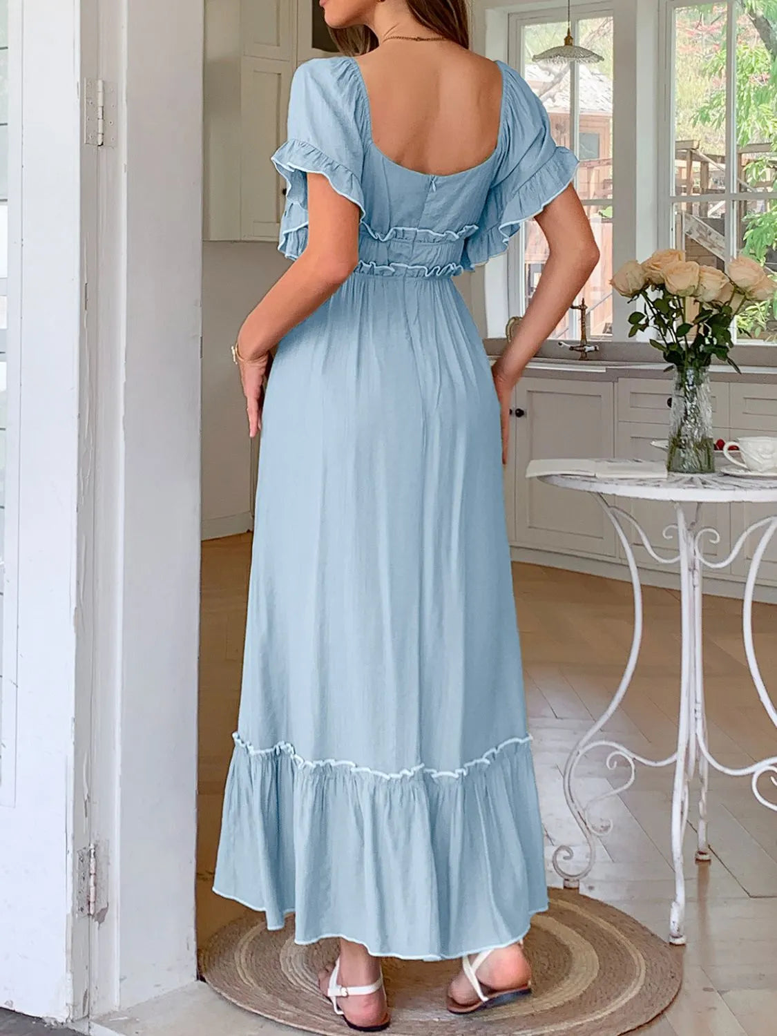 Square Neck Puff Sleeve Ruffle Trim Maxi Dress - Grace Beauty H&C