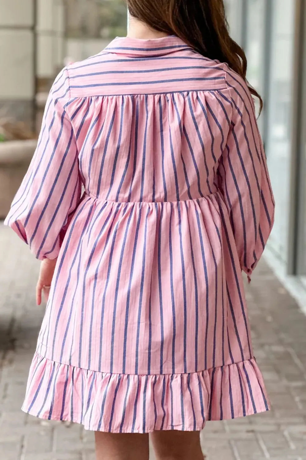 Striped Collared Neck Long Sleeve Mini Shirt Dress - Grace Beauty H&C