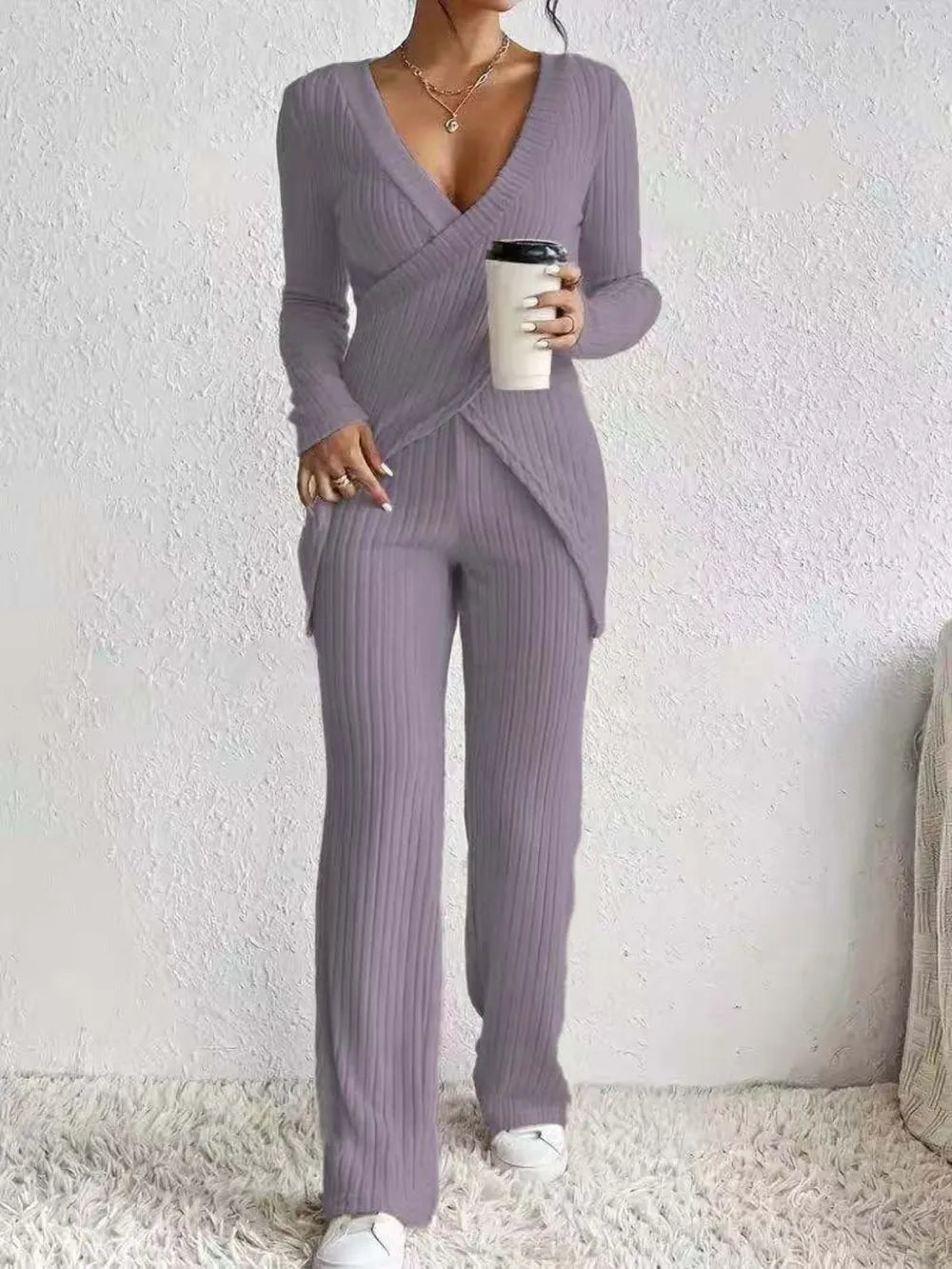 Surplice Long Sleeve Top and Pants Set - Grace Beauty H&C