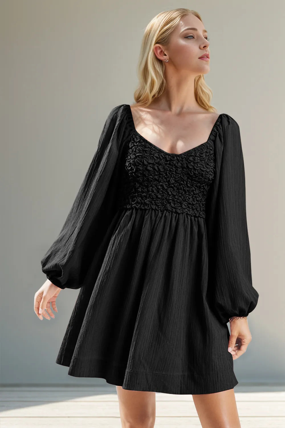 Texture Smocked Balloon Sleeve Mini Dress - Grace Beauty H&C