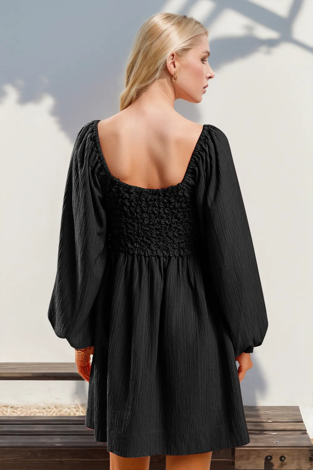 Texture Smocked Balloon Sleeve Mini Dress - Grace Beauty H&C
