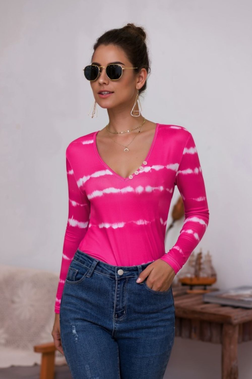 Tie-Dye Plunge Long Sleeve Top - Grace Beauty H&C