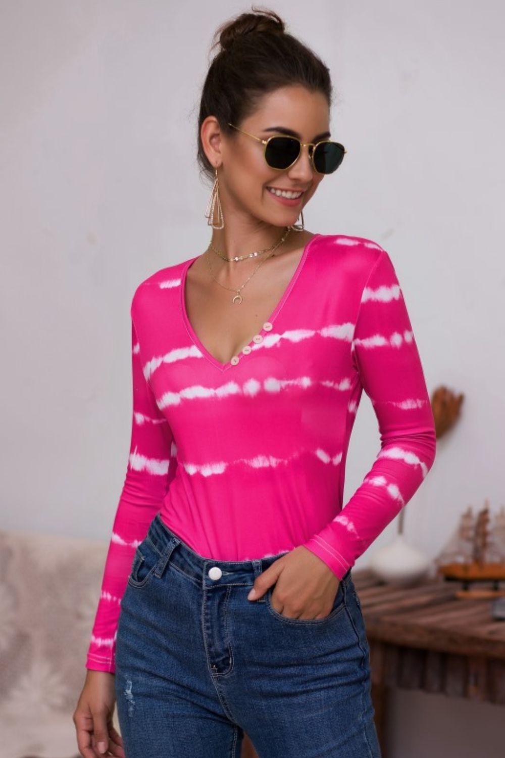 Tie-Dye Plunge Long Sleeve Top - Grace Beauty H&C