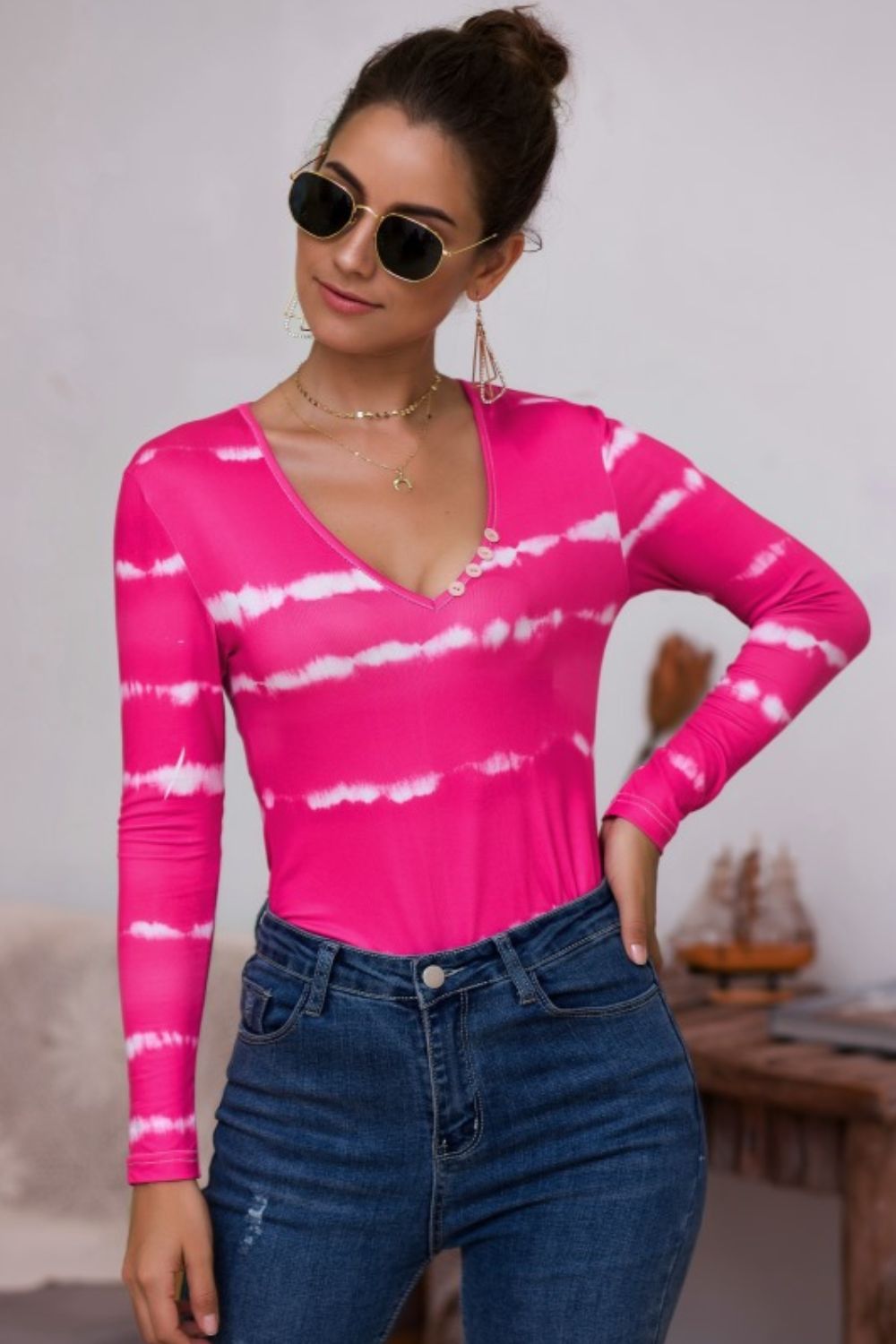 Tie-Dye Plunge Long Sleeve Top - Grace Beauty H&C
