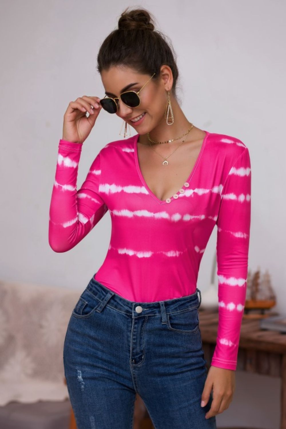 Tie-Dye Plunge Long Sleeve Top - Grace Beauty H&C