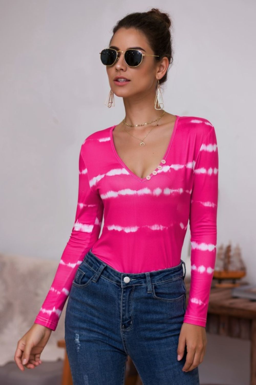 Tie-Dye Plunge Long Sleeve Top - Grace Beauty H&C