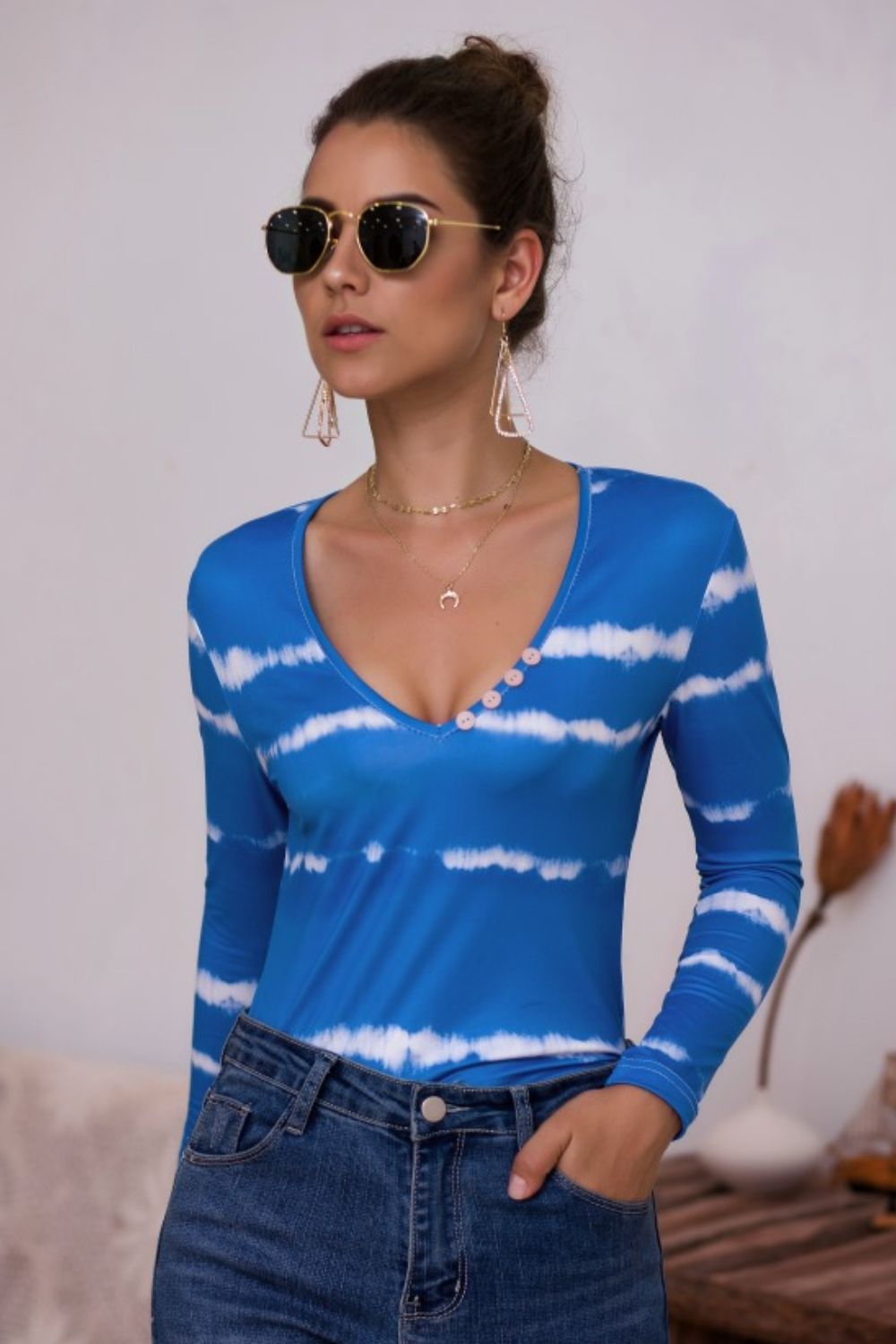 Tie-Dye Plunge Long Sleeve Top - Grace Beauty H&C