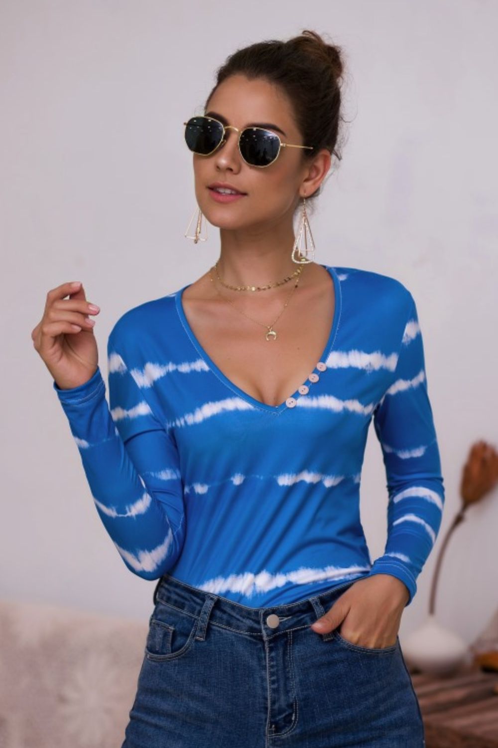 Tie-Dye Plunge Long Sleeve Top - Grace Beauty H&C