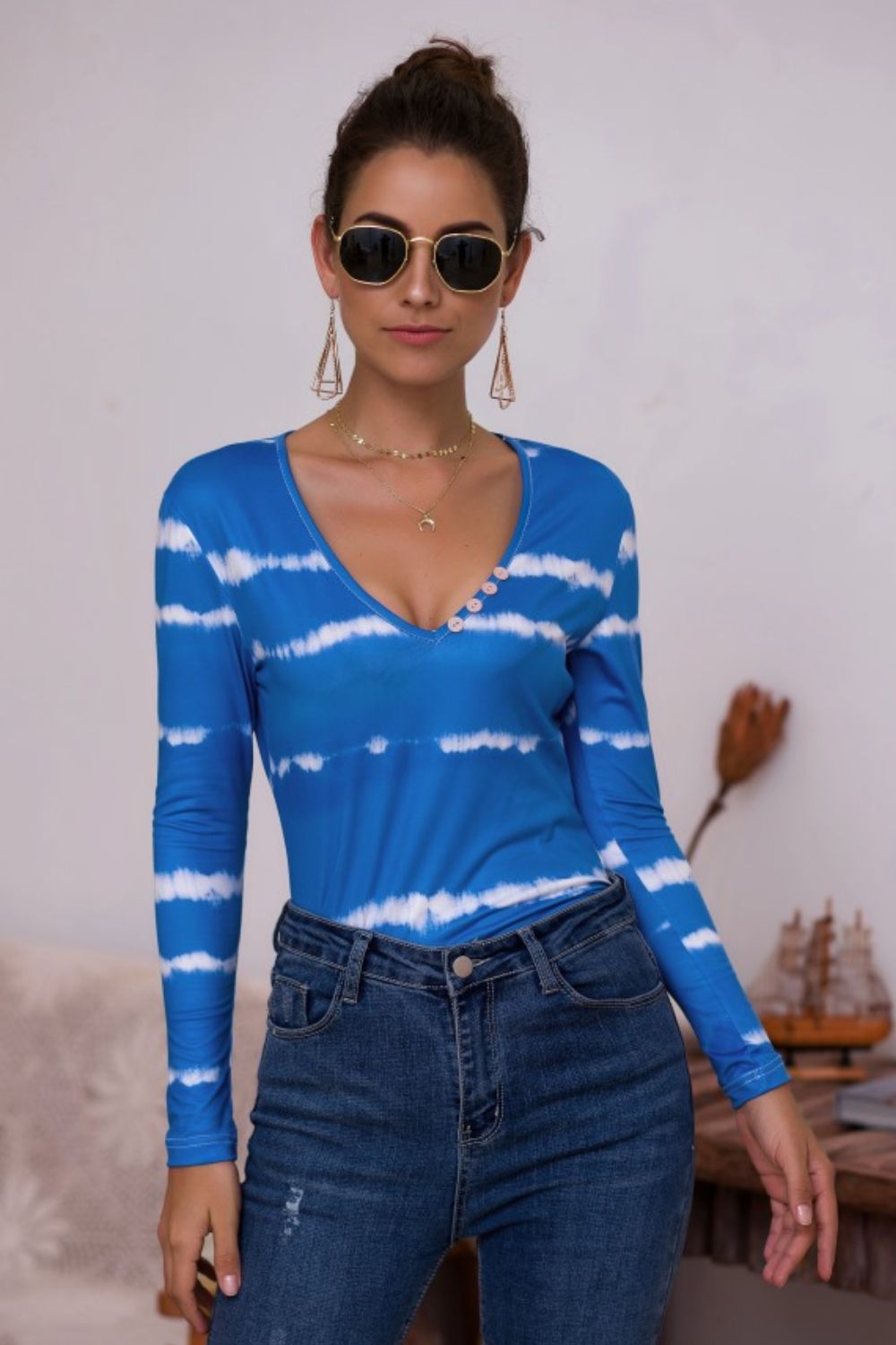 Tie-Dye Plunge Long Sleeve Top - Grace Beauty H&C