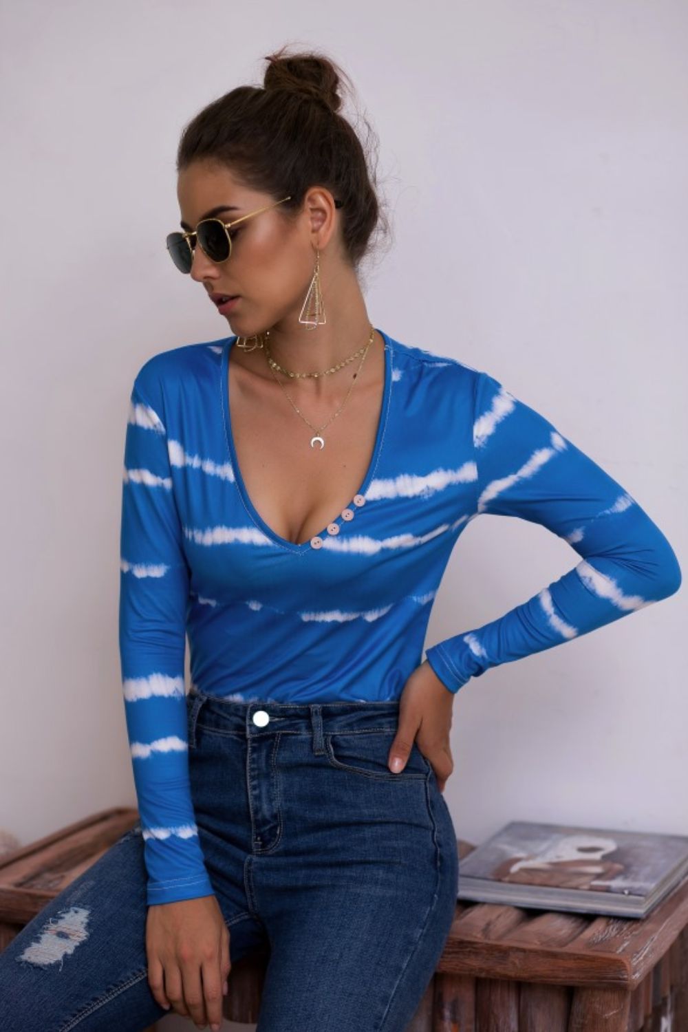 Tie-Dye Plunge Long Sleeve Top - Grace Beauty H&C