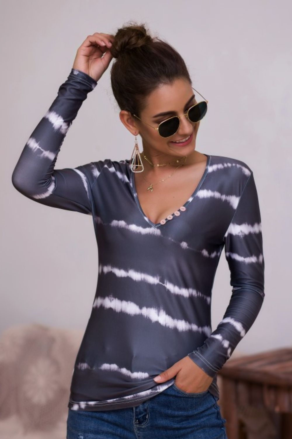 Tie-Dye Plunge Long Sleeve Top - Grace Beauty H&C