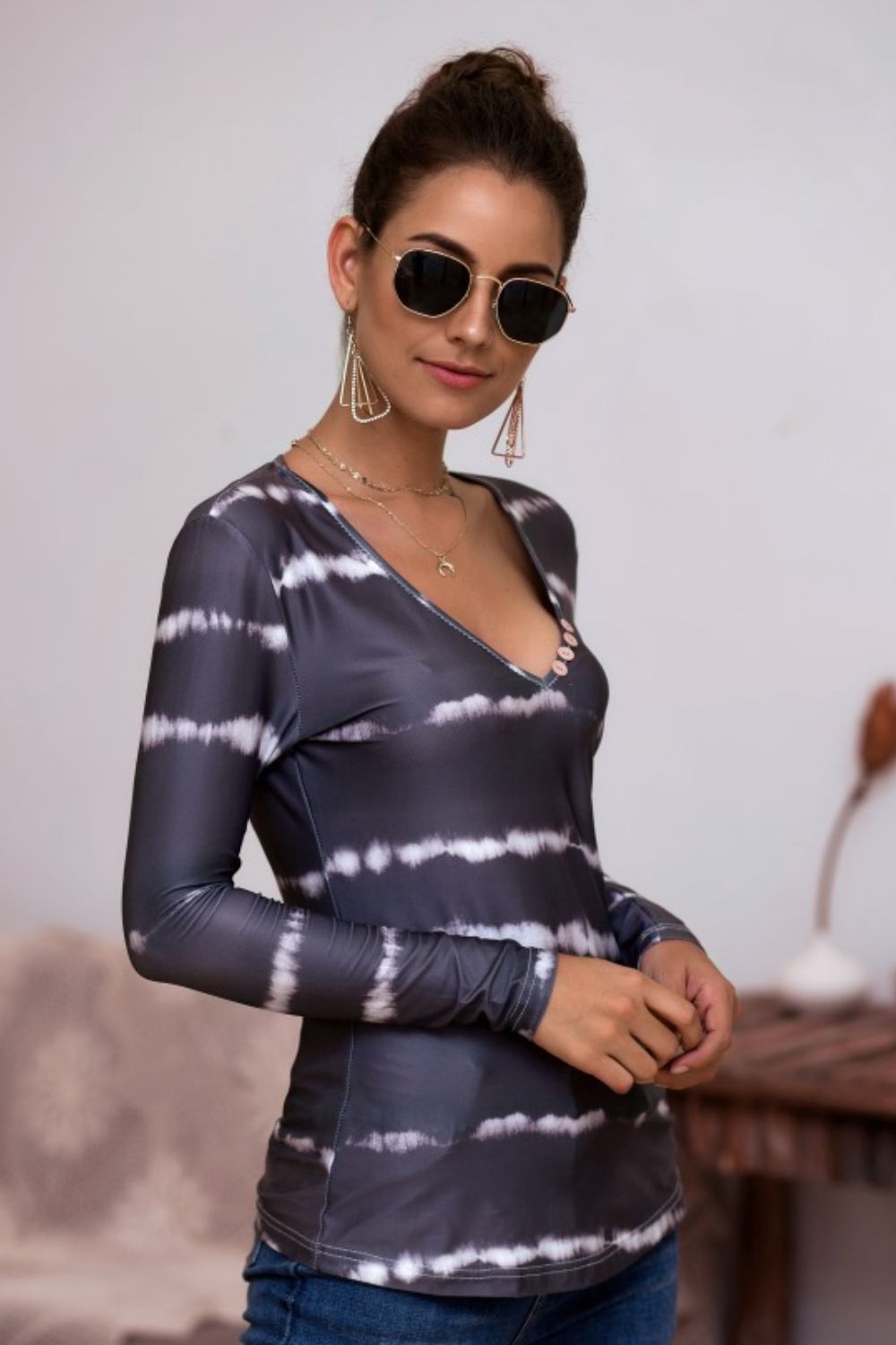 Tie-Dye Plunge Long Sleeve Top - Grace Beauty H&C